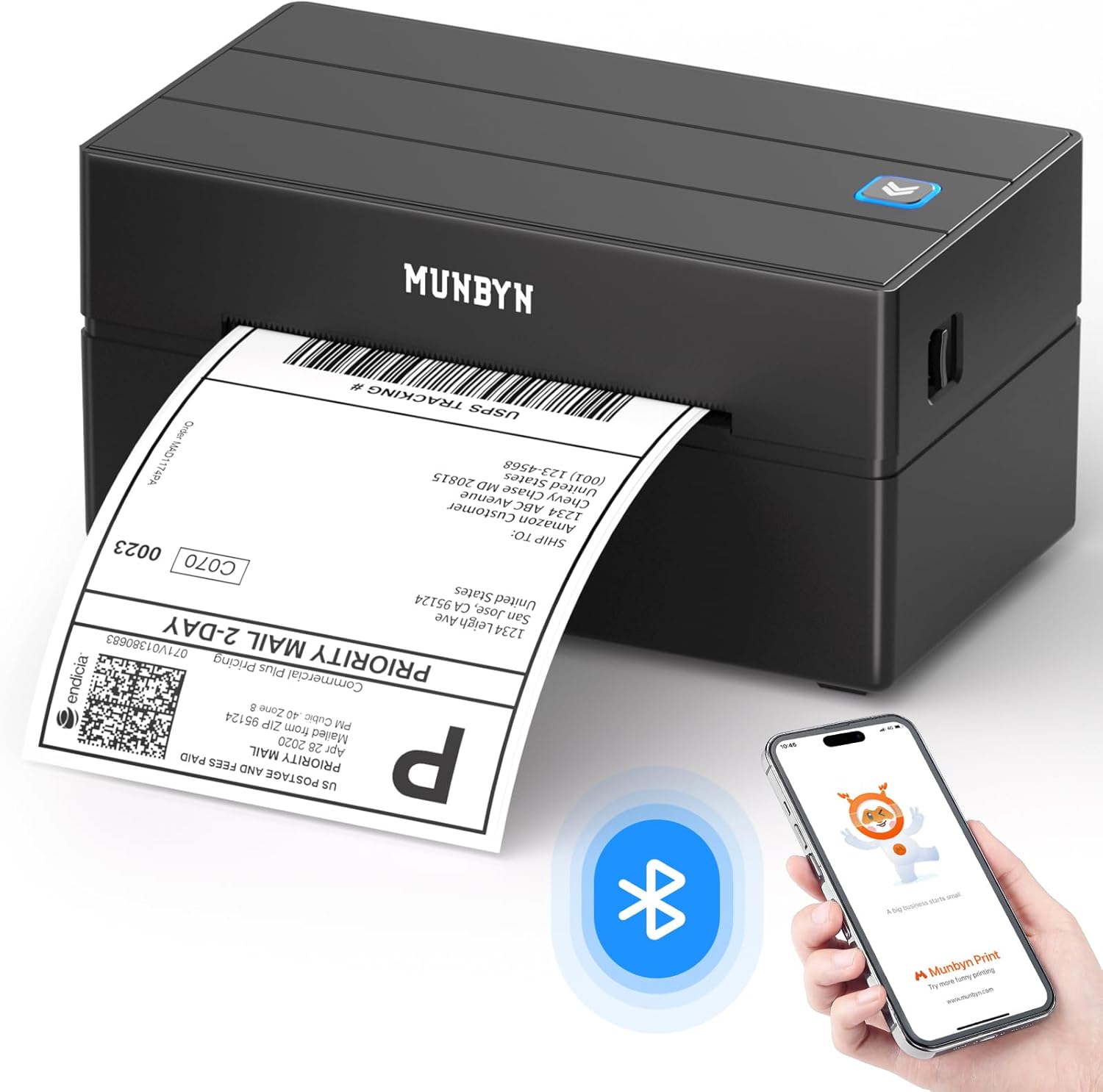 MUNBYN Shipping Label Printer Bluetooth, Thermal Label Printer 4x6, Etsy, Shopify, eBay, Royal Mail, Evri, Bluetooth for Phone, Chromebook, Windows, USB for Mac, Windows, 130B, Black