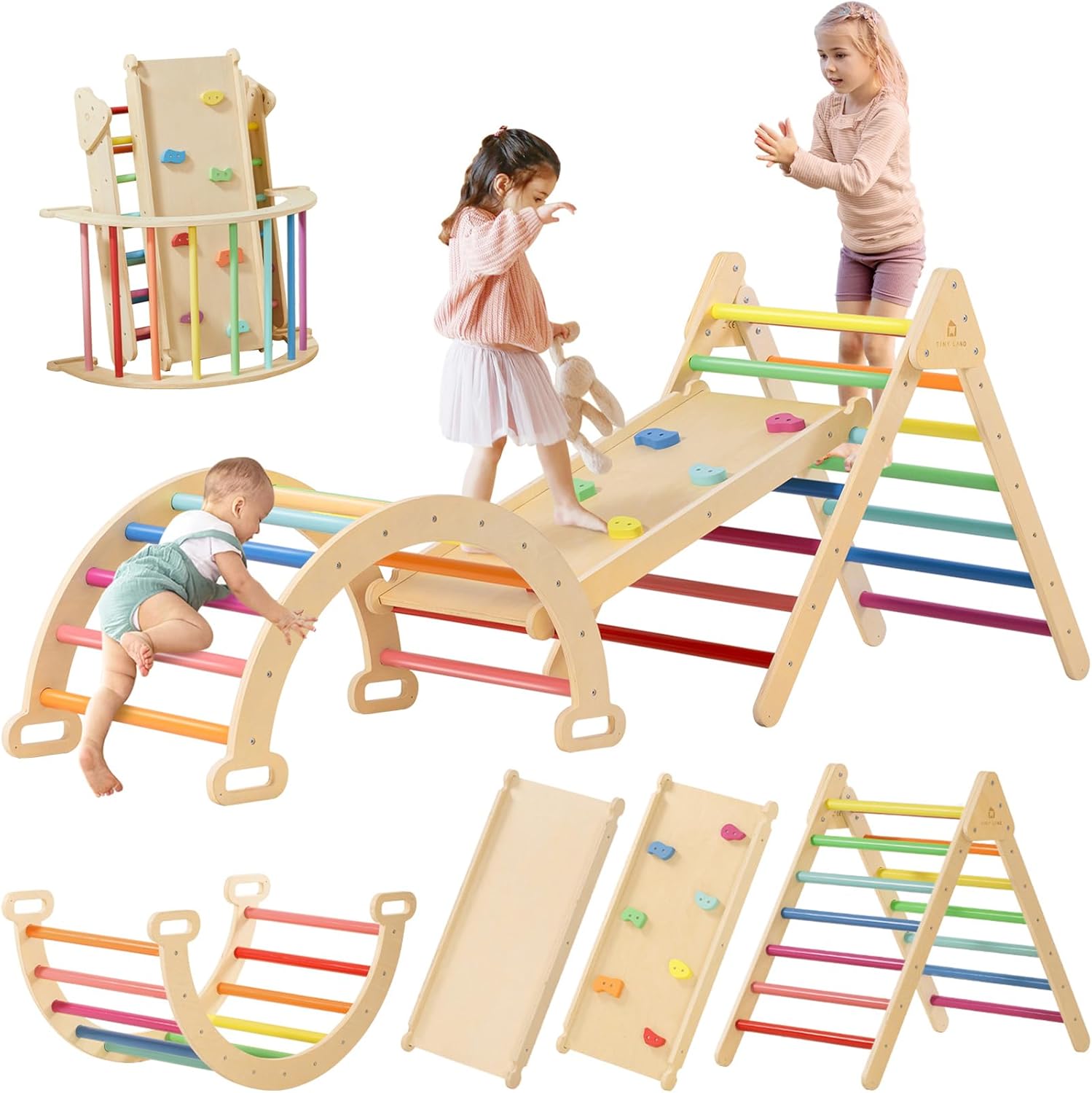 Tiny Land Pikler Triangle Set, 7-in-1 Foldable Pikler Triangle Climbing Toys Set for Kids,Baby Indoor Playground Jungle Gym, Wooden Montessori Climbing Set for Toddler (Rainbow)