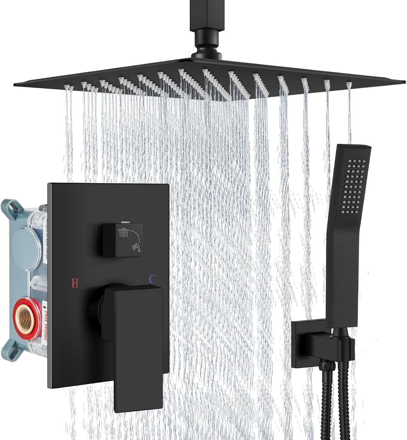 Aolemi Ceiling Shower Faucet with Handheld 12 Inch Head Matte Black