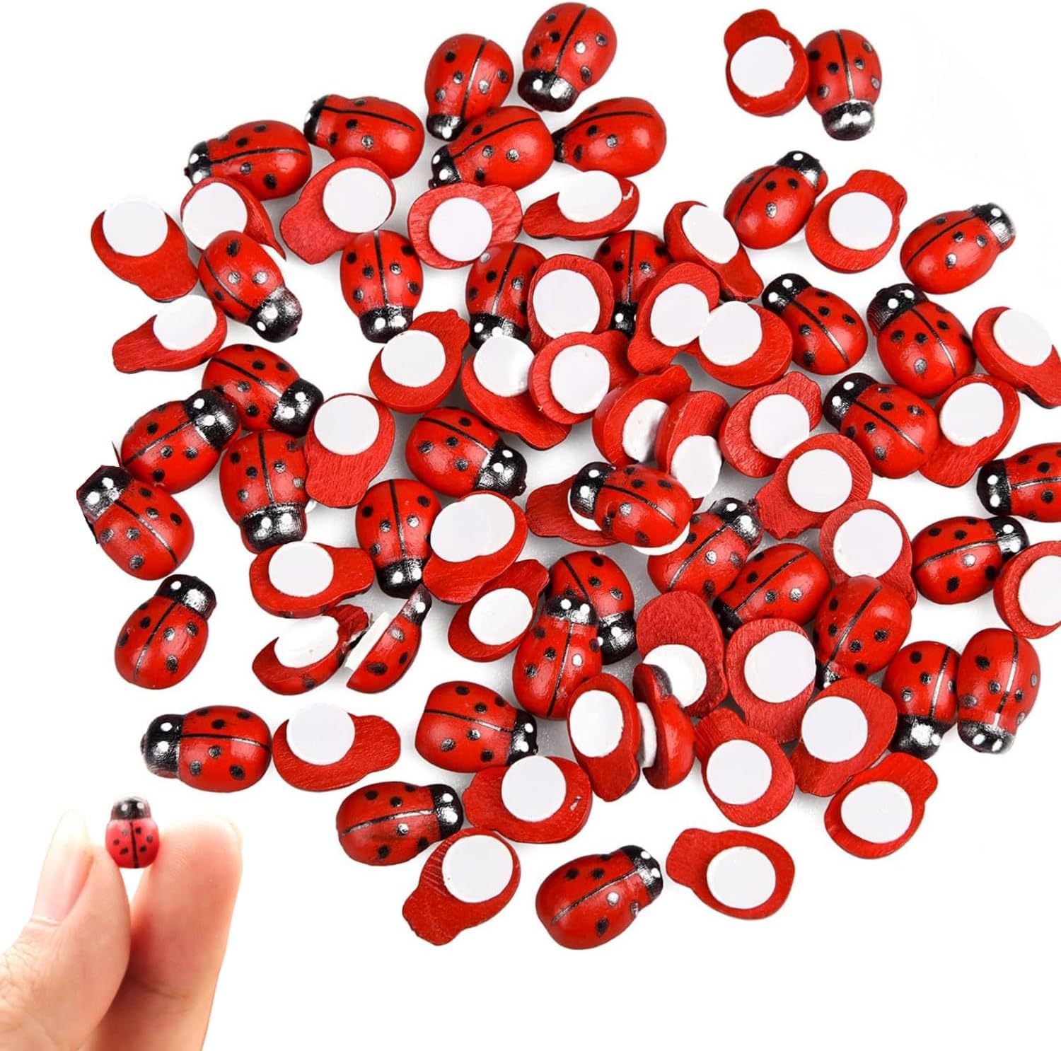 JJiaoLinin Mini Wooden Ladybird,100 Pieces Wooden Lucky Ladybugs,Self Adhesive Ladybird,Stickers for Crafts,Garden Decoration, for DIY Craft Home Party Decoration (10 * 13mm)