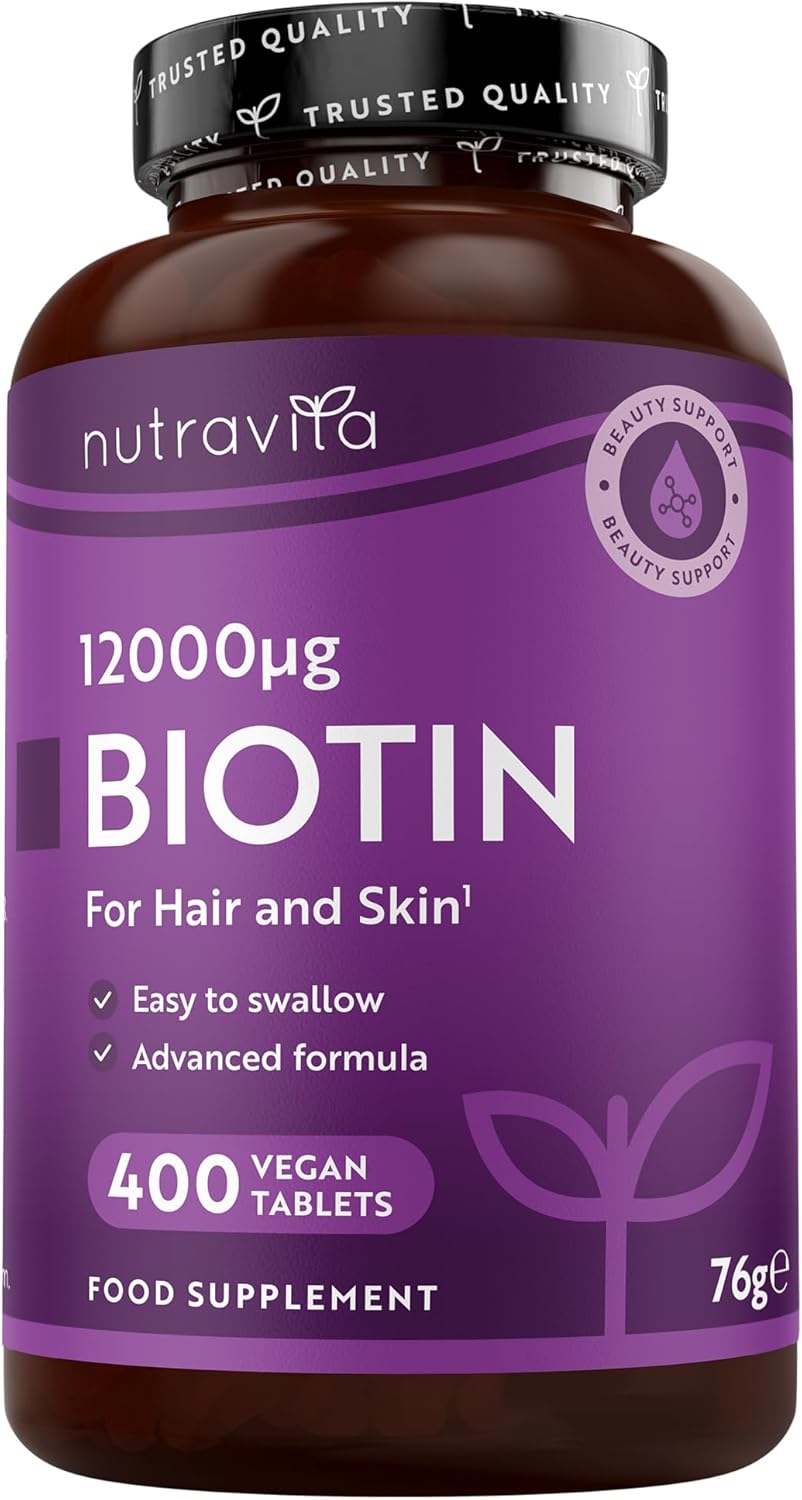 Nutravita Biotin Hair Growth Supplement 12,000mcg – 400 Vegan Tablets, High Strength Vitamin B7 12000UG - Supports Skin & Hair Growth – High Absorption Biotin Pills for Women & Men- Multiperson pack