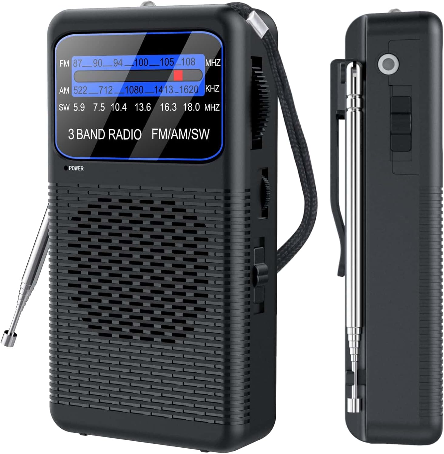 AM FM SW 3 Band Pocket Radio, Portable Battery Operated Shortwave Radio, Back Clip Transistor radios with 3.5mm Earphone Jack, Emergency LED Flashlight for Camping, Home