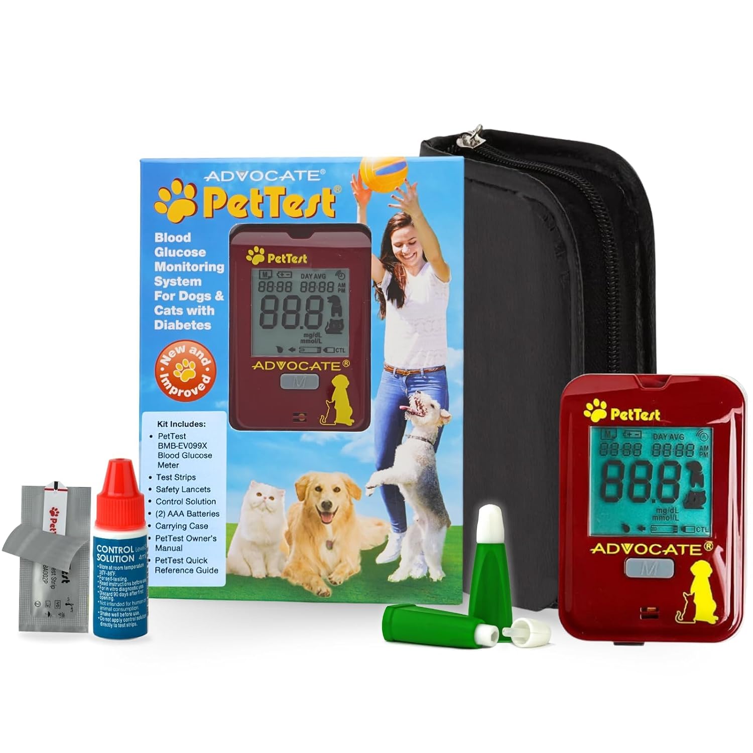 PetTest Pet Glucose Monitor Kit for Dogs and Cats, Blood Sugar Test Meter | Classic Meter, 25 Sealed Test Strips, 25 Safety Lancets, Carrying Case, No Coding, 5 Second Results, Dogs and Cats