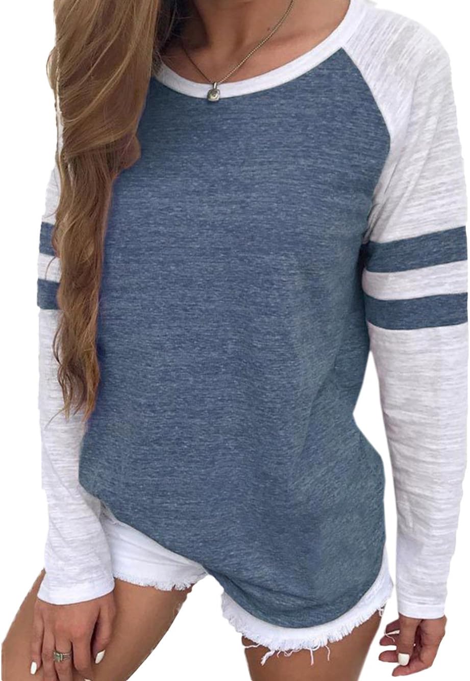 Famulily Women's Long Sleeve Baseball Tee Shirt Crew Neck Striped Tops