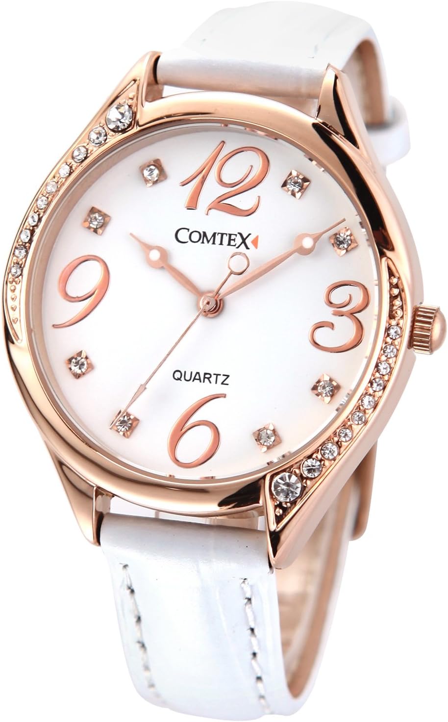 COMTEX Ladies Watches White Large Face Leather Rose Gold Tone White Leather Strap Fashion Watches
