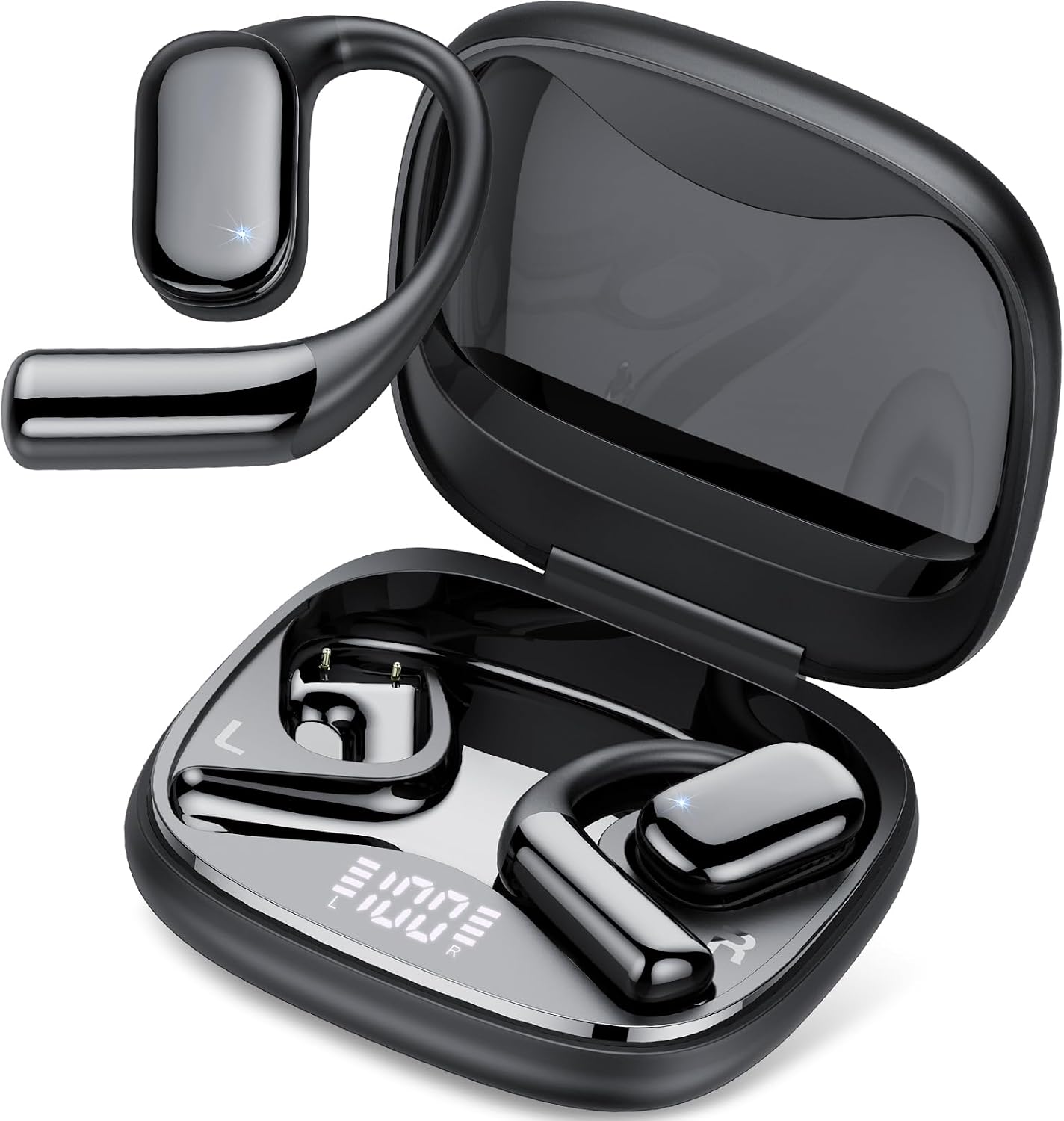QCOQ Open Ear Earbuds, Bone Conduction Headphones, V5.4 True Wireless Earbuds, 50H playtime LED display headphones wireless Bluetooth, IPX7 Waterproof for Fitness and Running/Black