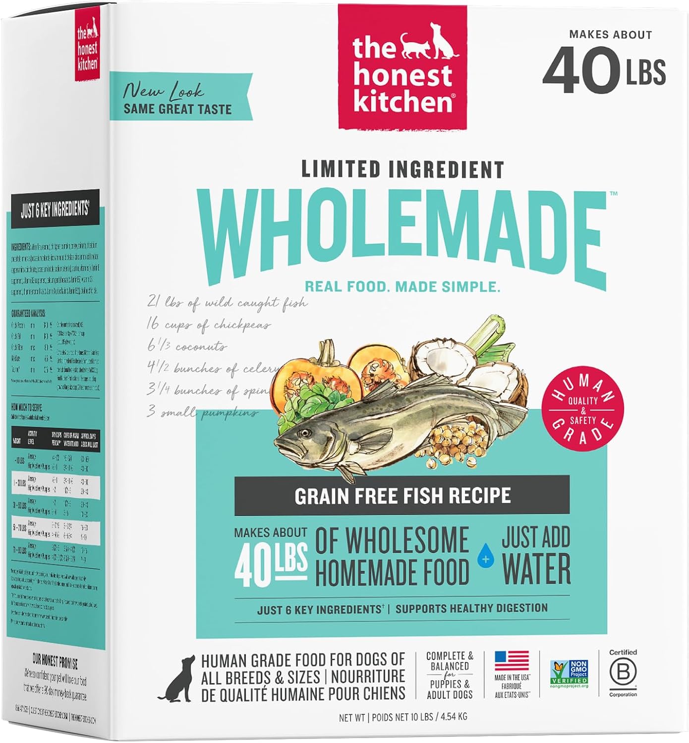 The Honest Kitchen Wholemade 6 Ingredient Grain Free Fish Recipe, Human Grade Dehydrated Dog Food, Allergy Friendly, Digestion Support, Topper for Dry or Wet Dog Food, 10 lb Box Makes 40 lbs