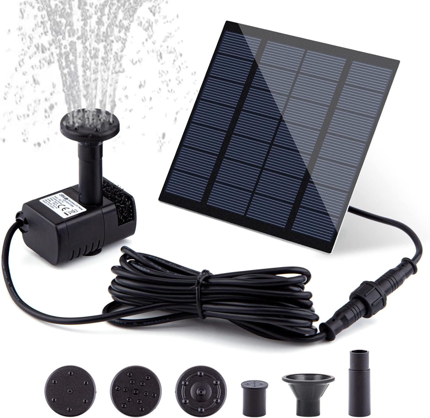 Solar Fountain Pump Kit with Separate Solar Panel, 1.5 W Upgraded Solar Water Pump with 3 M Long Cable & 4 Nozzles for Bird Bath, Outdoor Pond, Patio Garden and Fish Tank (Black)