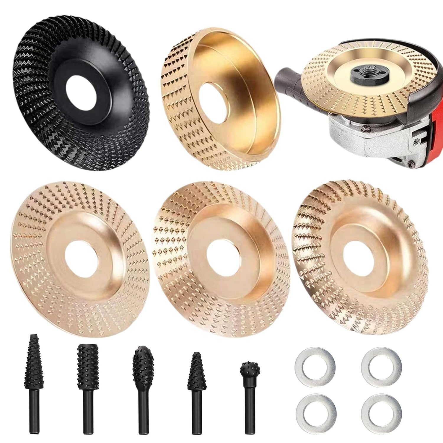 14PCS Angle Grinder Wood Carving Disc Set - 5Pcs 4"/4.5" 45# Carbon Steel Discs with 5 Rotary Burrs & 4 Adapter Rings, for Cutting, Polishing & Sculpting Hardwood/Softwood