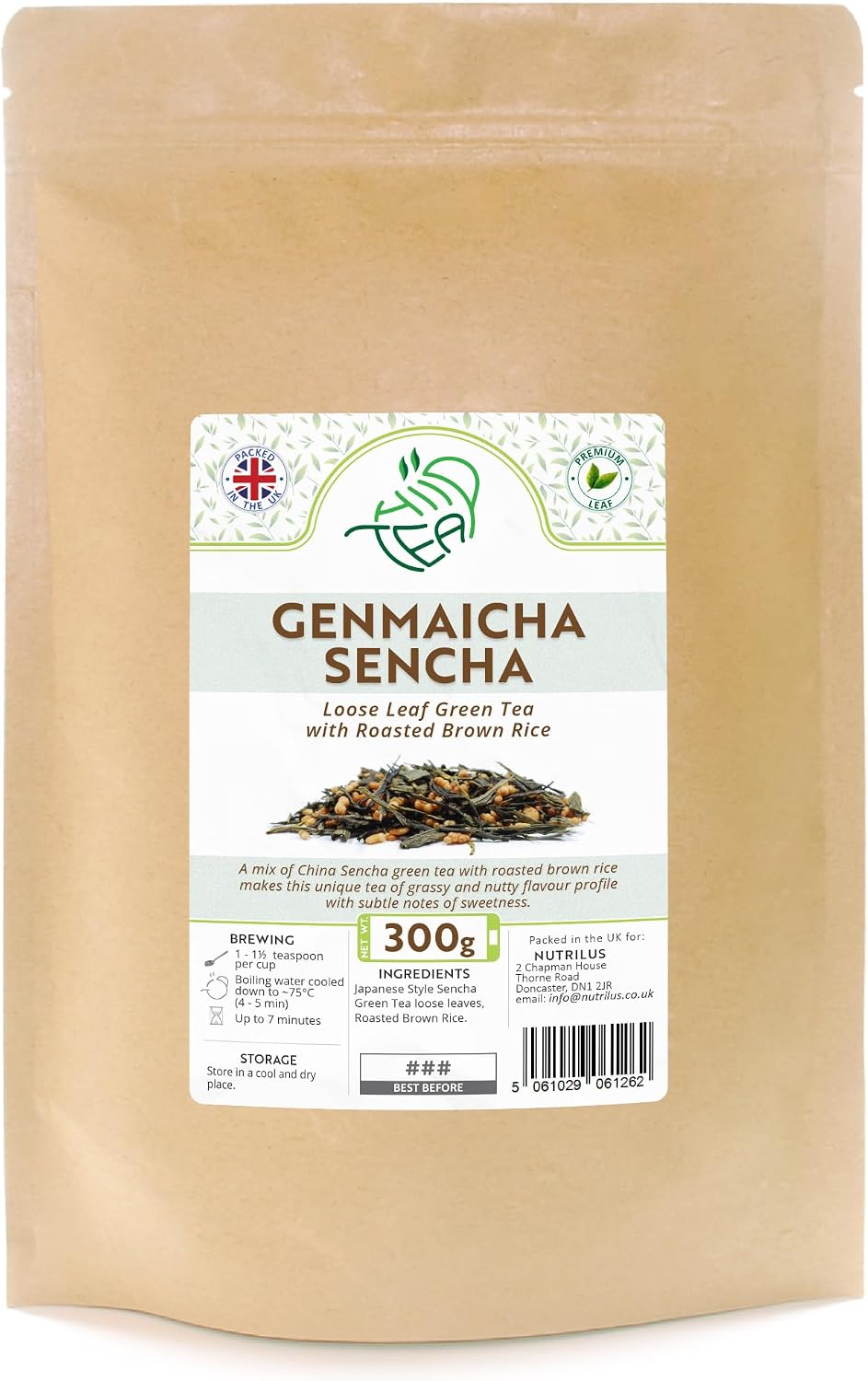 Genmaicha Sencha Loose Leaf Green Tea With Roasted Brown Rice (300g) | Premium Leaves From China – Grassy & Nutty – Resealable Pouch