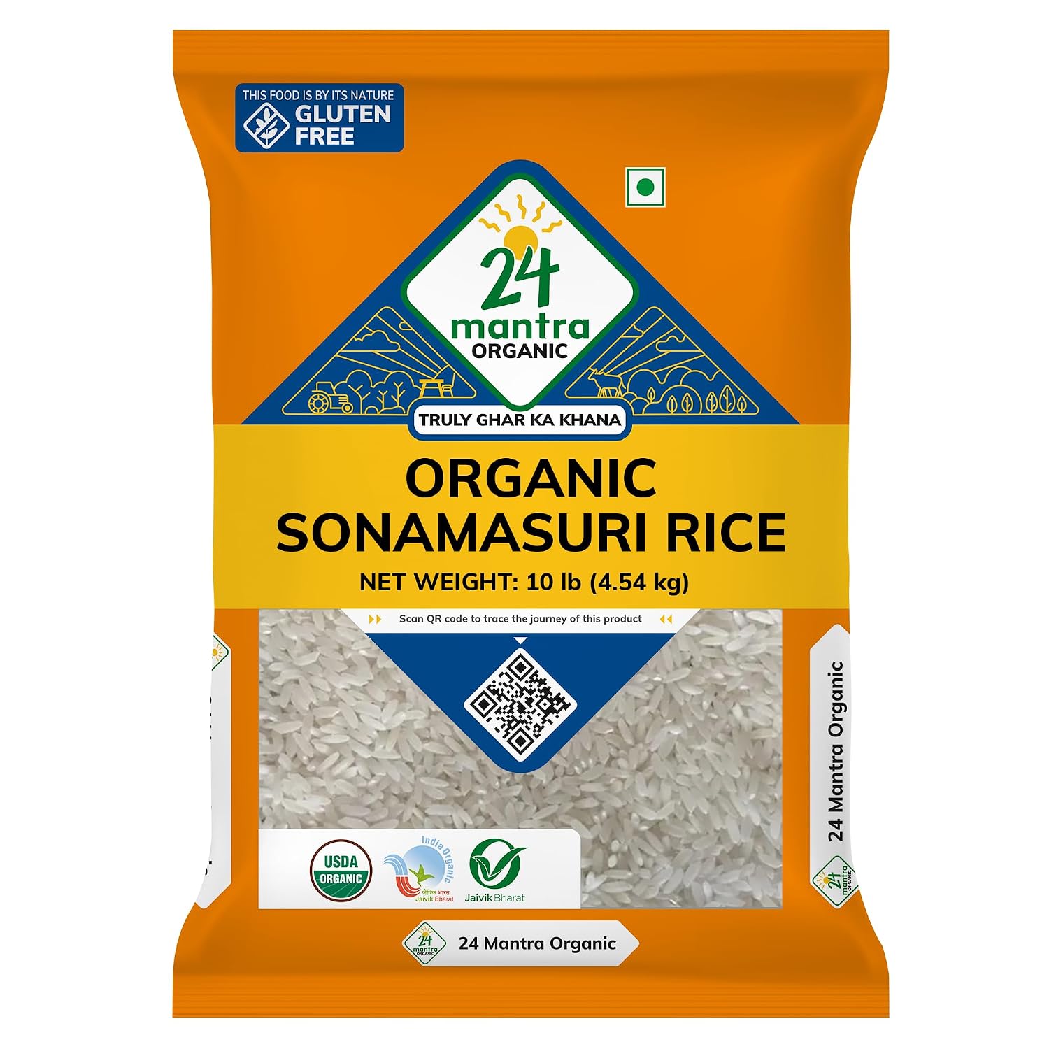 24 Mantra Organic Sonamasuri Rice 10 lb – Organic Rice | Good Source of Carbohydrates & Dietary Fiber | Naturally Gluten-Free & Light to Digest | USDA Certified Organic