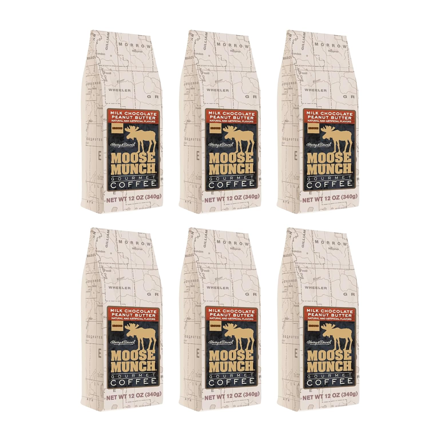 Moose Munch Gourmet Coffee by Harry & David, Milk Chocolate Peanut Butter Flavored Ground Coffee - 12 Ounce Bag (Case of 6)
