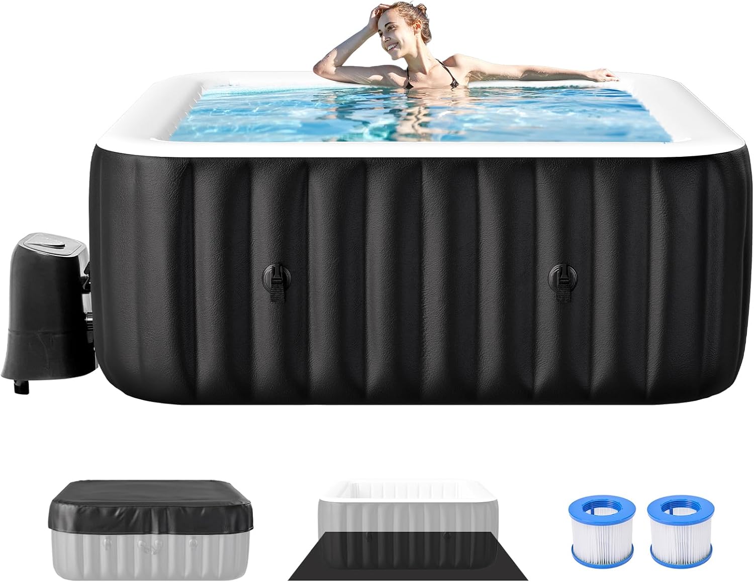 Inflatable Hot Tub, Large Square Portable Blow Up Hot Tub, 2-4 Person Leak-Proof PVC Outdoor Spa with 120 Air Jets, Heater Pump and Insulated Cover, 60 X 25 Inch