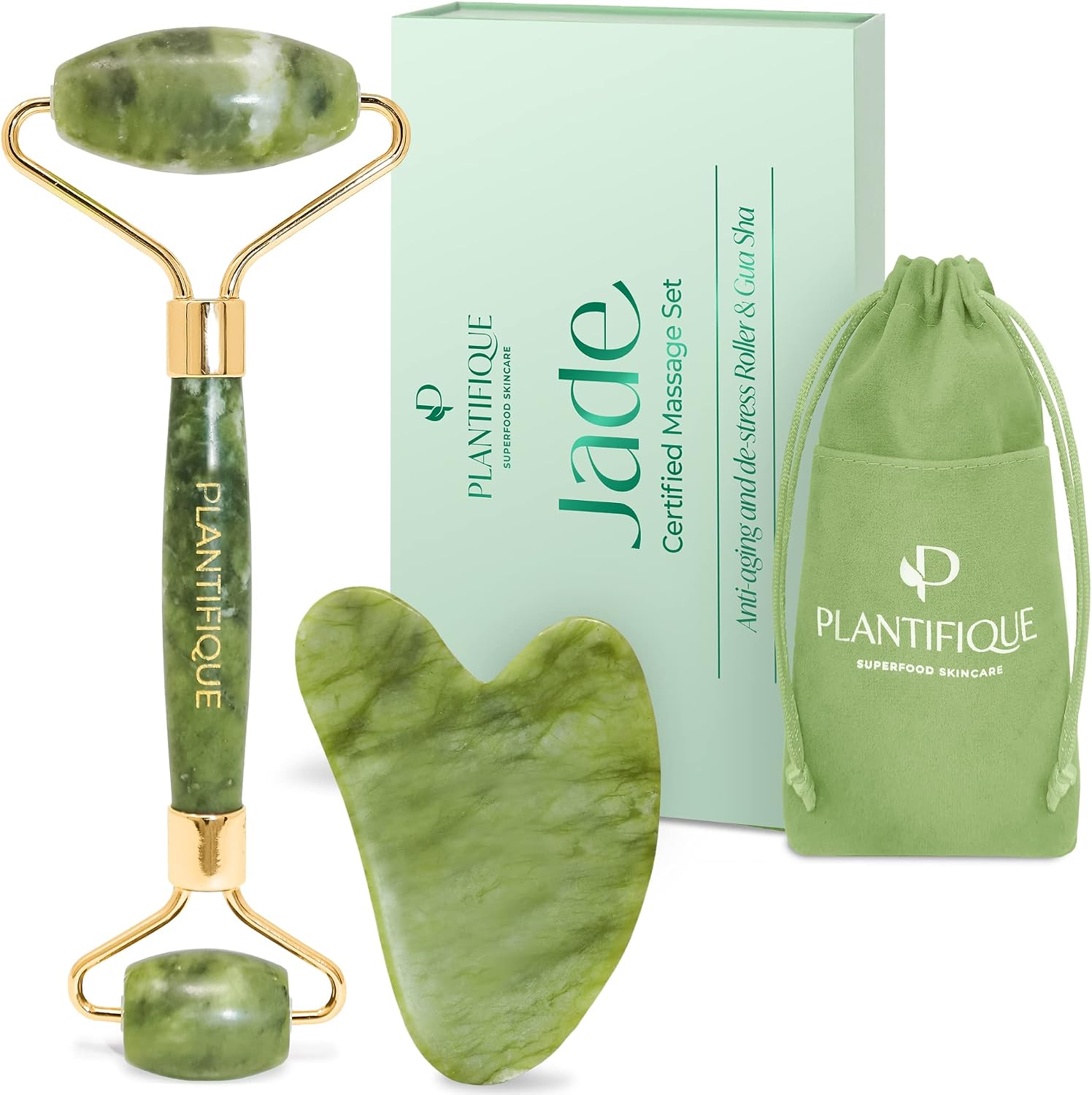 PLANTIFIQUE Jade Gua Sha Facial Tool & Face Roller Set - Giftable Box