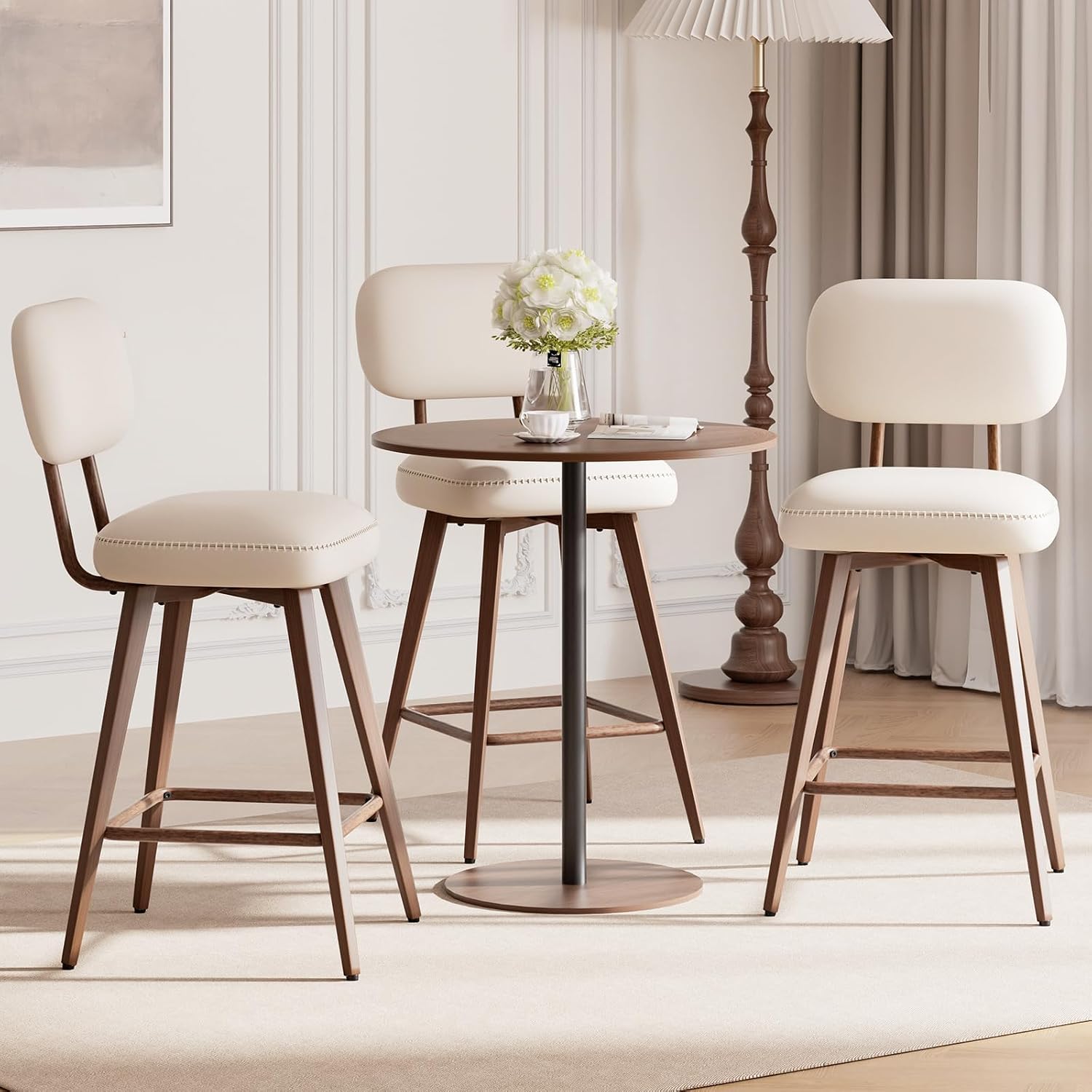 MALOL 26" Swivel Bar Stools Set of 3, Mid Century PU Leather Counter Height Bar Chairs with Low Back and Metal Legs, Modern Bar Stool Chair for Kitchen Island, Beige