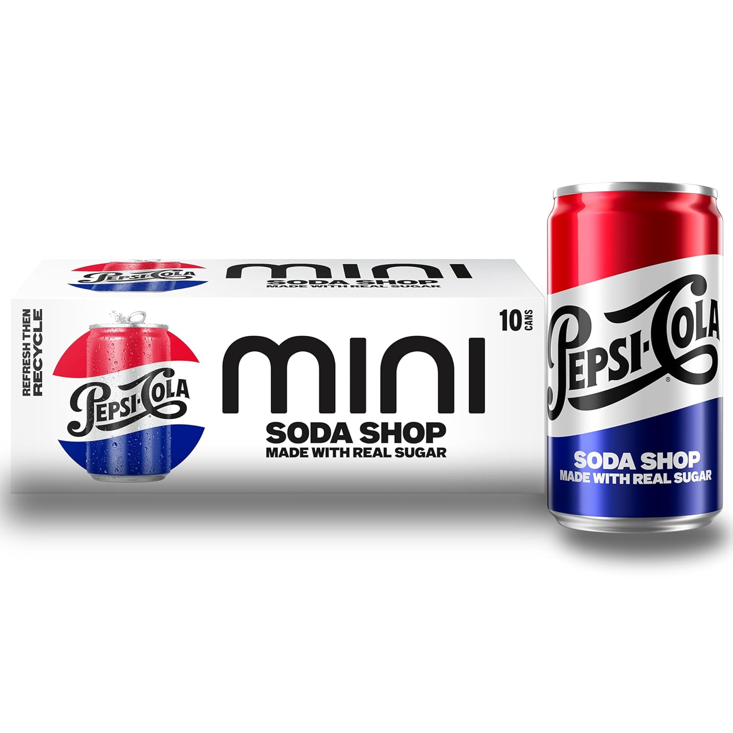 Pepsi Real Sugar Soda Mini Cans, 7.5oz Mini Cans, (10 Pack) (Packaging May Vary) 