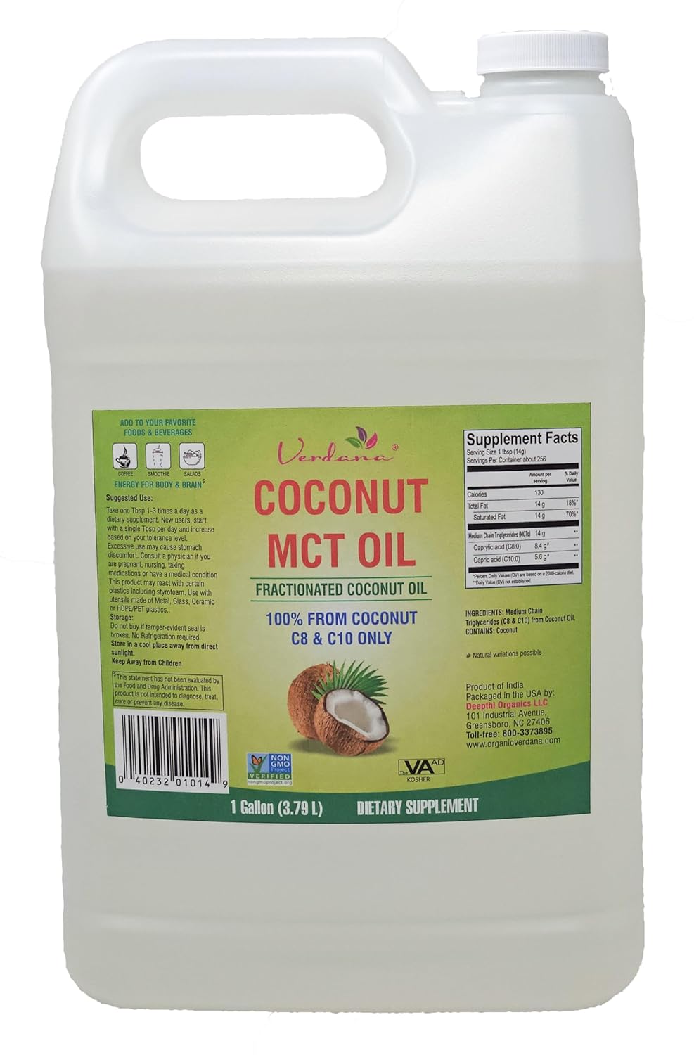Verdana MCT Oil, Fractionated, 100% from Coconut - 1 Gallon - Kosher Food Grade, Vegan, Non-GMO - Great for Keto and Paleo Diet, Oil Pulling Oral Rinse Mouthwash (128 Fl Oz)