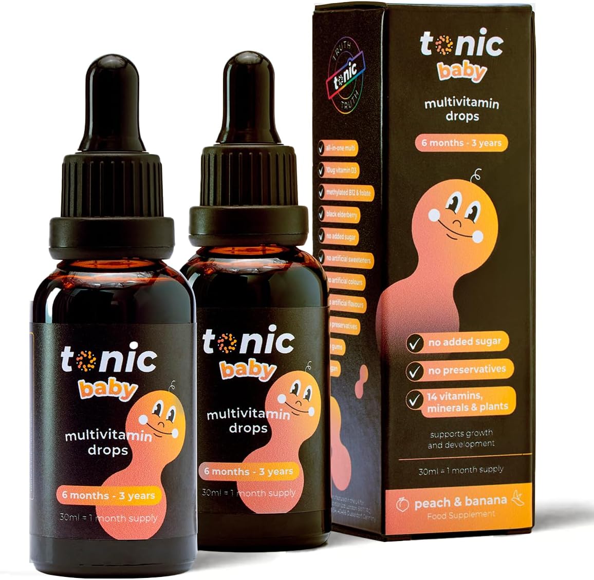 Tonic Health Baby Multivitamin Drops - 14 Baby Vitamins A, C, D, Minerals, and Plants - No Sugar/Preservatives - Kids Vitamins 6 to 36 mos for Growth and Development, Peach and Banana 30ml (Pack of 2)