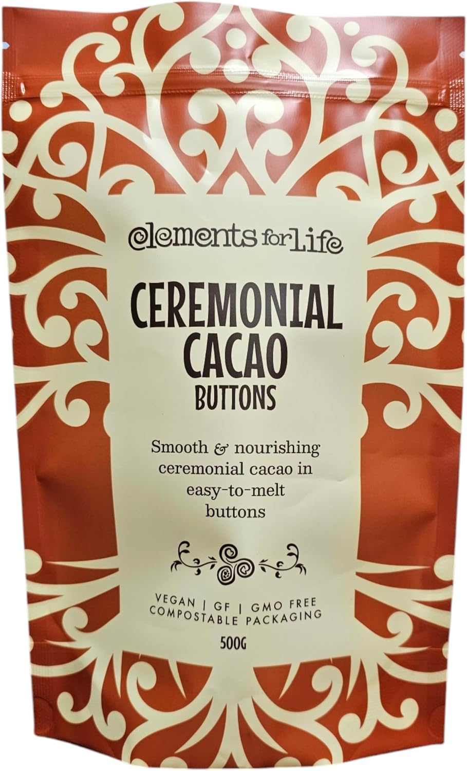 Elements for Life Ceremonial Cacao Paste Buttons 500g | Smooth & Nourishing Vegan Ceremonial Cacao Drops | Compostable Packaging | Ethically Sourced | 100% Dark Chocolate Chips |