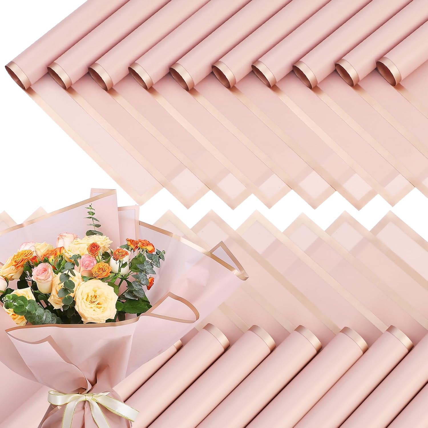 xunhewi 20 Sheets Gold Edge Flower Wrapping Paper Bouquet Packaging Paper Florist Bouquet Supplies for Wedding DIY Craft Gift Packing (Dusty pink)