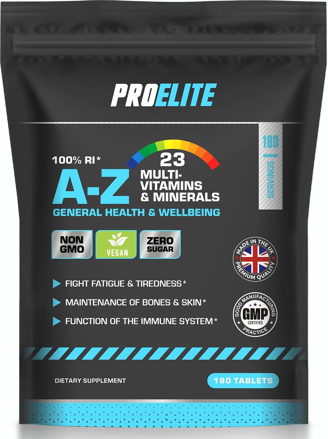 Multivitamins & Minerals - 180 Vegan Tablets - One a Day 100% RDA - 23 Essential Vitamins & Minerals in A-Z Multivitamin Tablet - Made in The UK by PROELITE