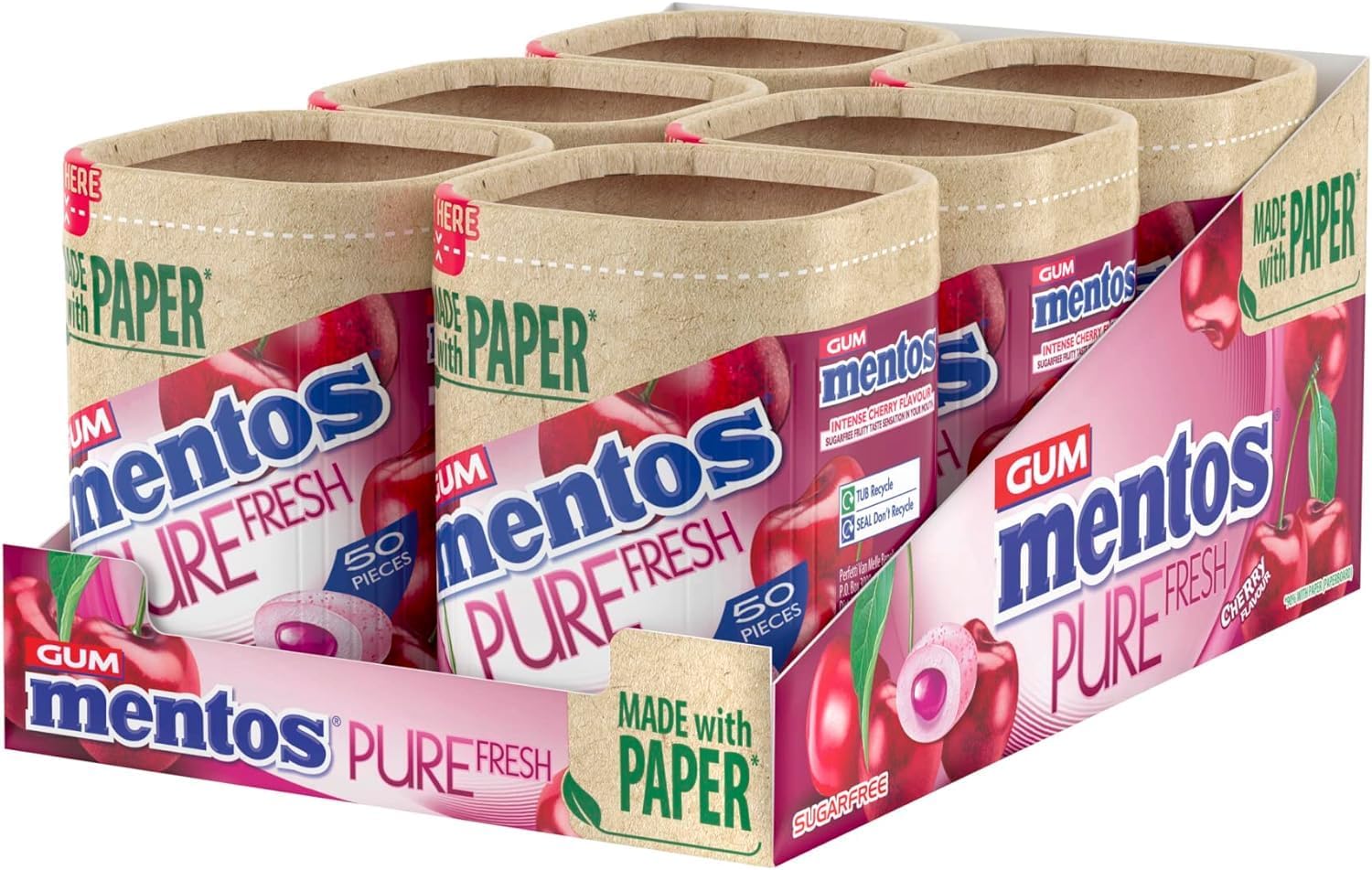 MENTOS GUM - Pure Fresh Chewing Gum - Crisp Outer Shell and Liquid Filled Centre - Cherry - 6 x 50 Pieces