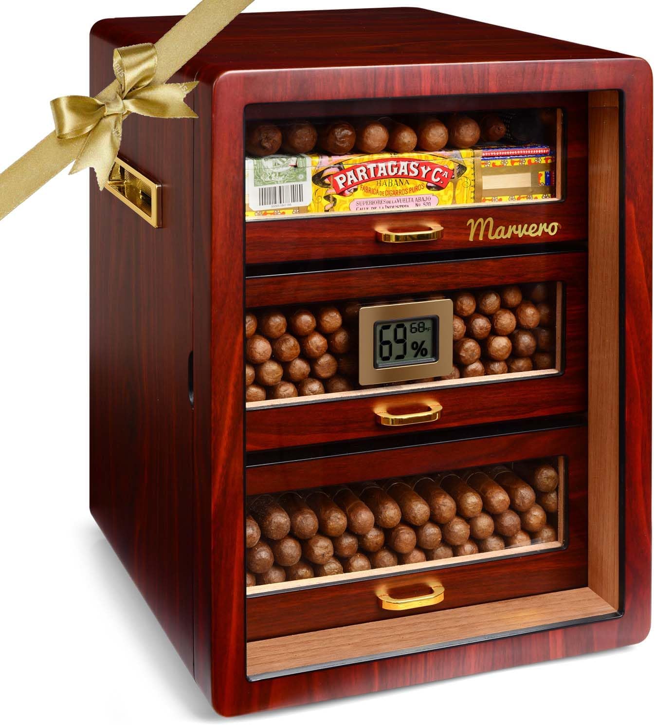 Marvero Cigar Humidors, Cedar Wood Humidor with Digital Hygrometer, Drawers, Humidifiers and Gold-Plated Hardwares. Cigar humidor Cabinet for Men Husband Father, 150 Cigars Capacity Ebony Color
