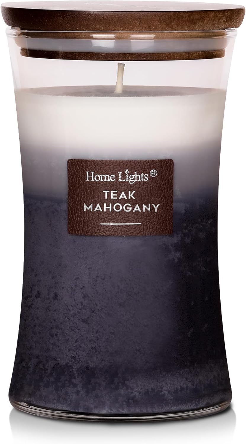 HomeLights 3-Layer Candles for Home Scented, 21.52 OZ Natural Soy Wax Scented Candles Burns Up to 100 Hours, Large Jar, Teak Mahogany