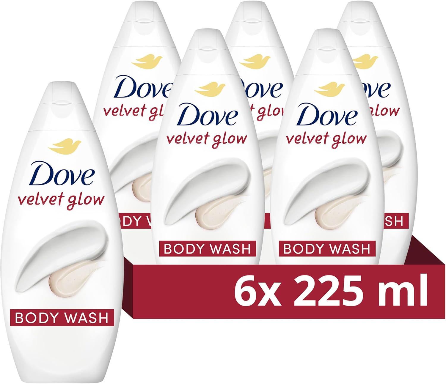 Dove Velvet Glow Body Wash Body Cleanser shower gel with plant-based moisturisers for softer, smoother skin after one shower 6x 225 ml