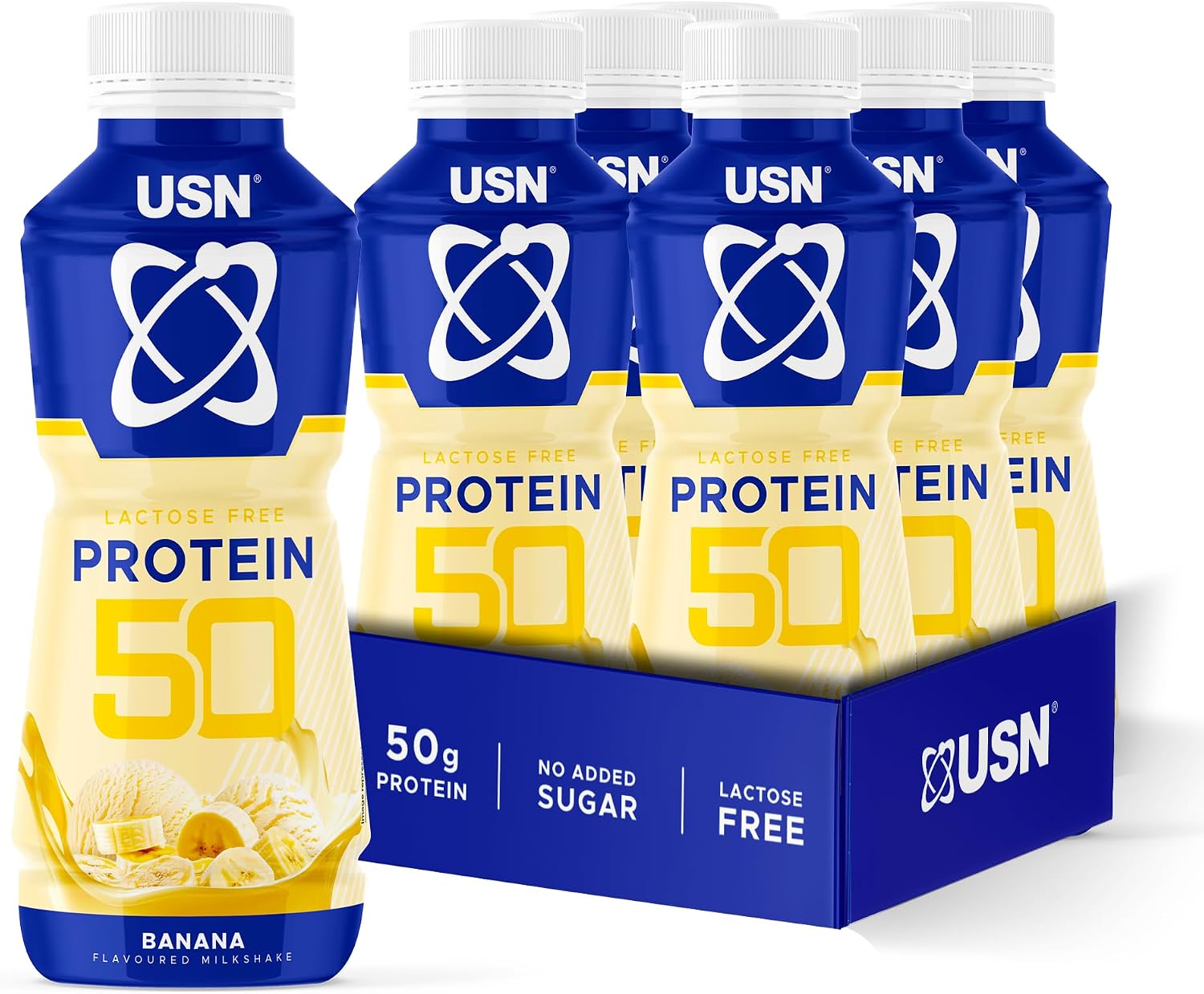 USN Protein 50 Ready-to-Drink High Protein Shake I Banana I 6 x 500ml | 50g Protein | 310kcal | Fat-Free | No Added Sugar | Lactose-Free Creamy Skimmed Milk | Lactase Enzyme | Vegetarian | RTD