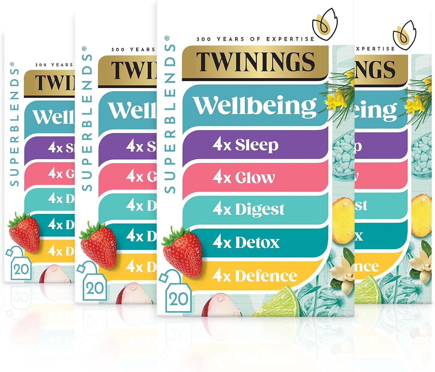 Twinings Superblends Wellbeing Collection - Defence, Glow, Digest, Detox & Sleep Tea Bags, 4 x boxes of 20 biodegradable tea bags, 80 bags in total