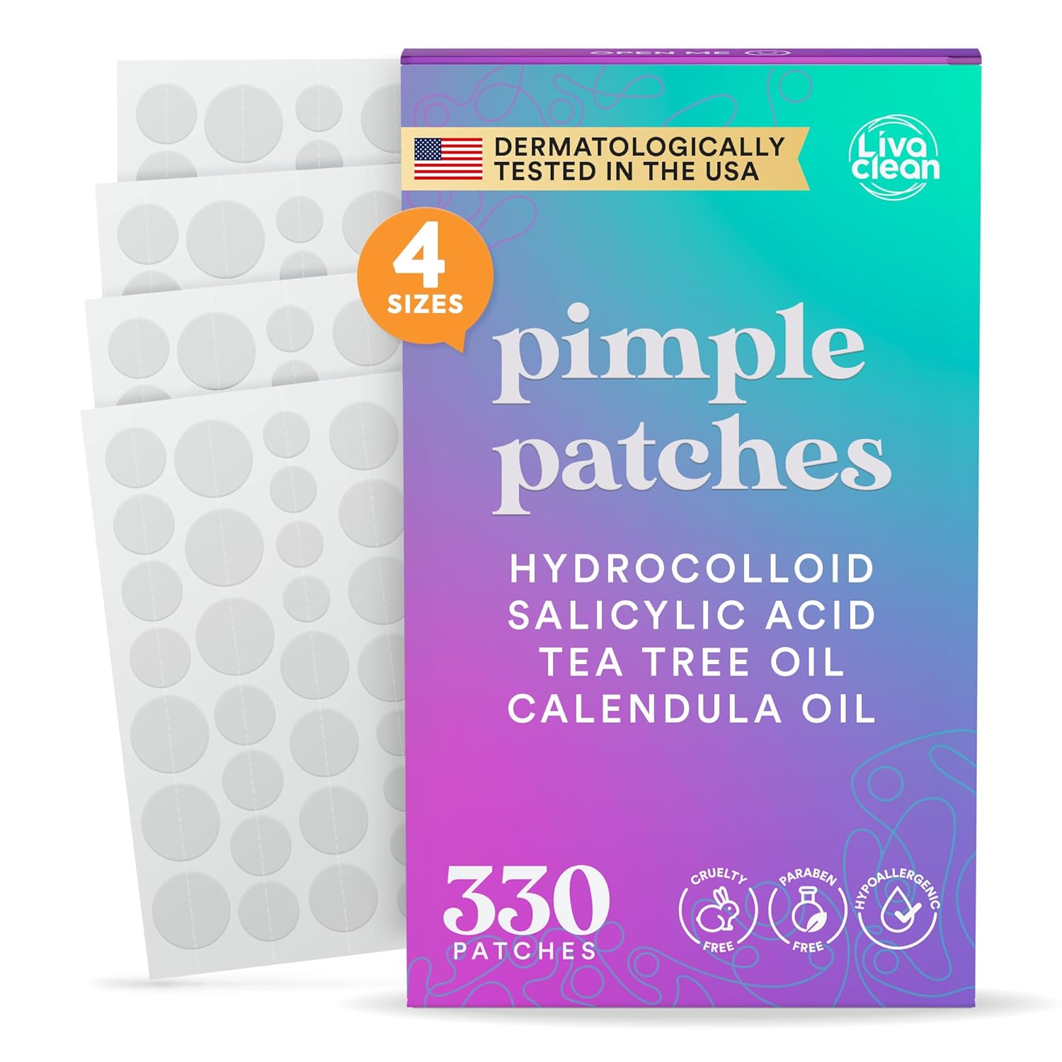 LivaClean 330 CT Pimple Patches for Face w/Salicylic Acid, Tea Tree Oil & Calendula Oil - Four Sizes - Pimple Patch, Hydrocolloid Patch, Acne Patches for Face