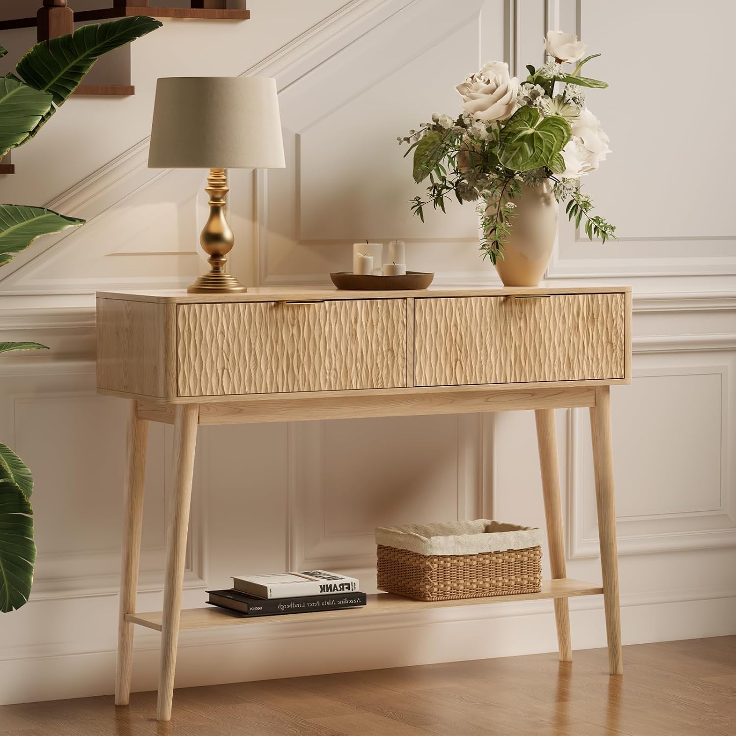 Console Table with Solid Wood Legs, Boho Modern Entryway Table with Storage Drawers, Fluted Narrow Sofa Table for Hallway,Living Room, Light Oak