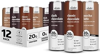 Slate Milk - High Protein Milk Shake - Chocolate Variety Pack - Chocolate, Dark Chocolate, Mocha Latte - Lactose Free, 20g Protein, 1g Sugar, 100-110 Calories, 1-3g Net Carbs - 11 fl oz, 12 Cans