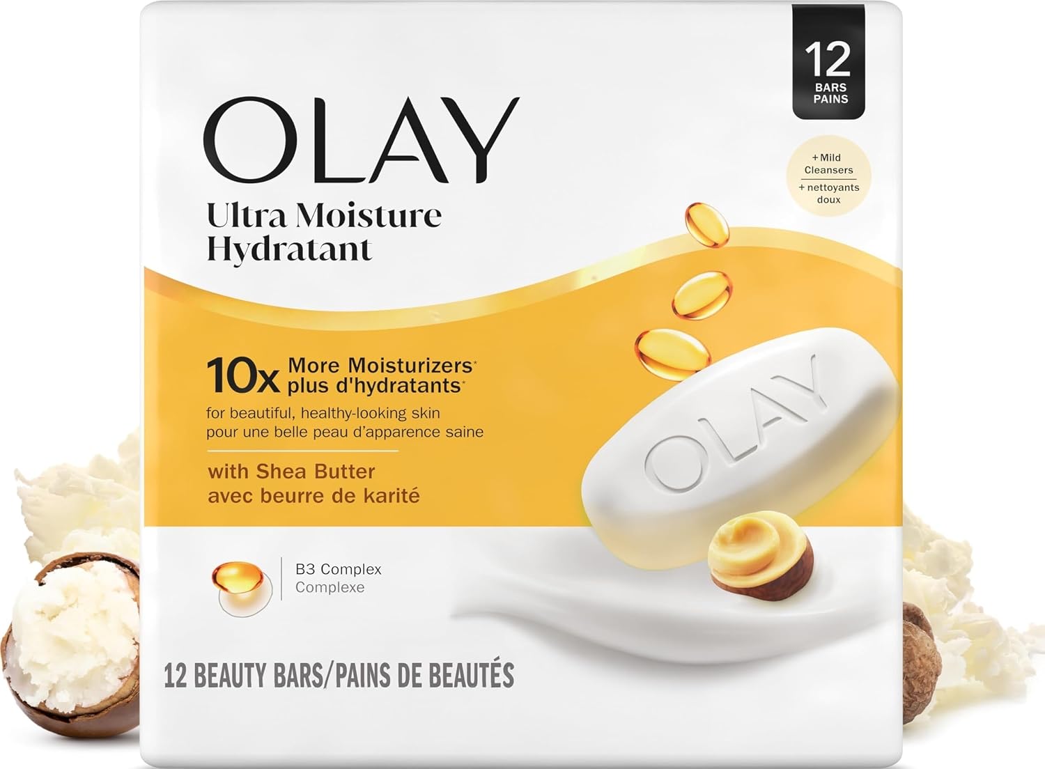 Olay Beauty Bar, Ultra Moisture,10x More Moisturizers, Nourishing Conditioners, Smooth & Gentle on Skin, Vitamin B3 Complex, For All Skin Types, Shea Butter Scent, 3.17 oz, (Pack of 12)