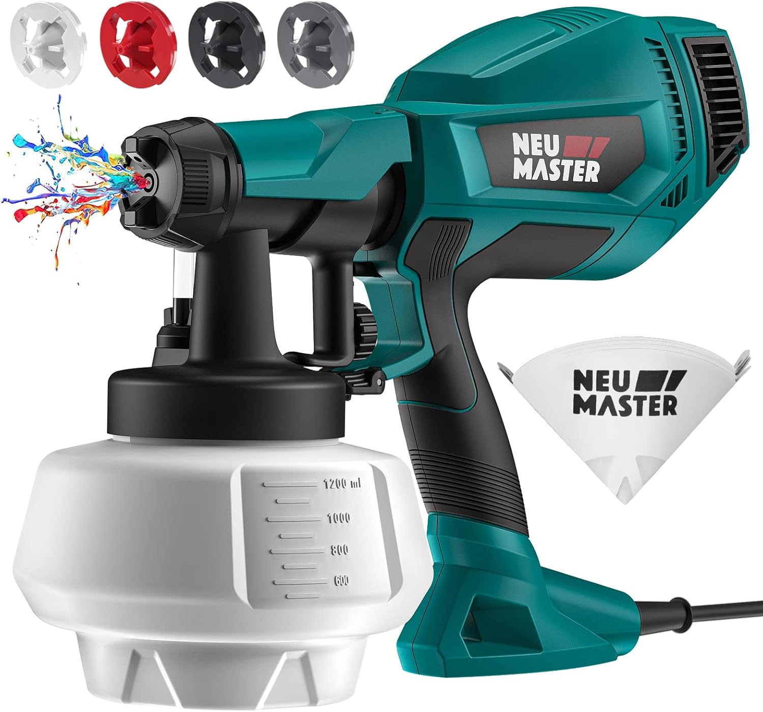 NEU MASTER Upgraded Paint Sprayer - Fence Paint Sprayers [500W/1200ml/4 Nozzles/3 Patterns] HVLP Electric Spray Gun for Home Interior and Exterior, Cabinets, House, Fence, Ceiling