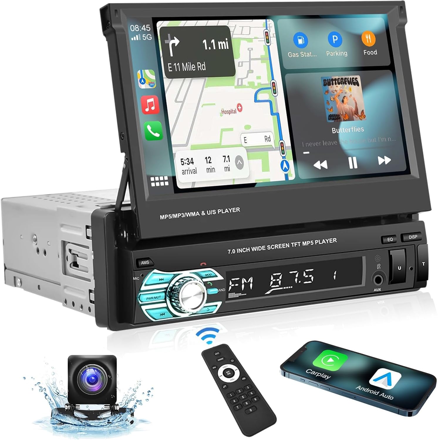 Podofo Single Din Carplay Car Stereo with Bluetooth AHD Backup Camera, 7 Inch flip Out Touch Screen Car Radio MP5 Player Support Android Auto, Mirror Link, USB, TF, FM Radio, Aux-in, SWC