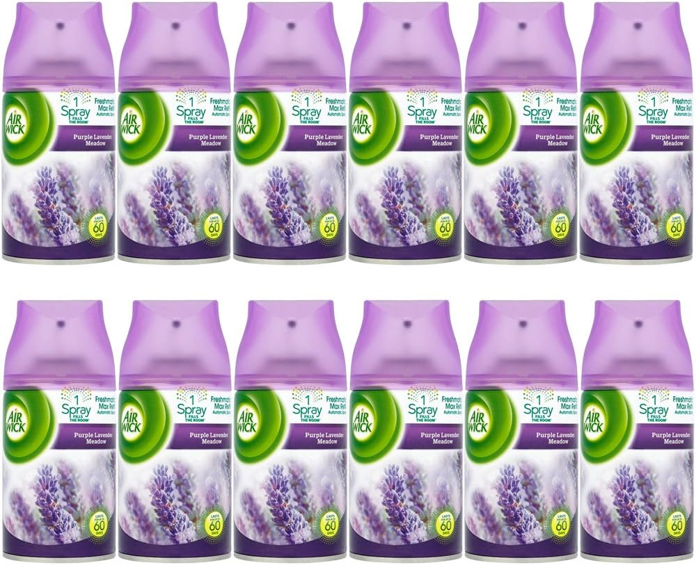 Air Wick Freshmatic & AirPure Auto Spray Refills 250ml (Pack of 12) – Purple Lavender Meadow Scent for Continuous Freshness