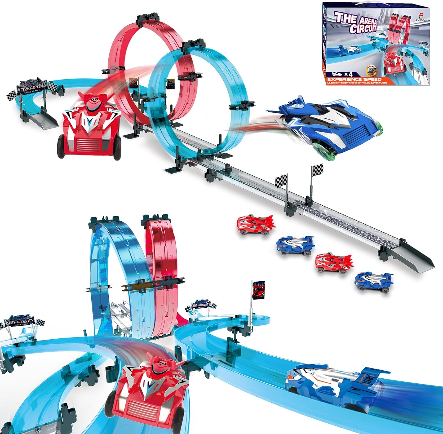 Car Race Track Sets Age 6+ with 4 Pull-Back Cars, 360° Loops, Cross Overpass & Curves, High-Speed Racing Game Track for Boys Kids Birthday Gift Ages 6-12