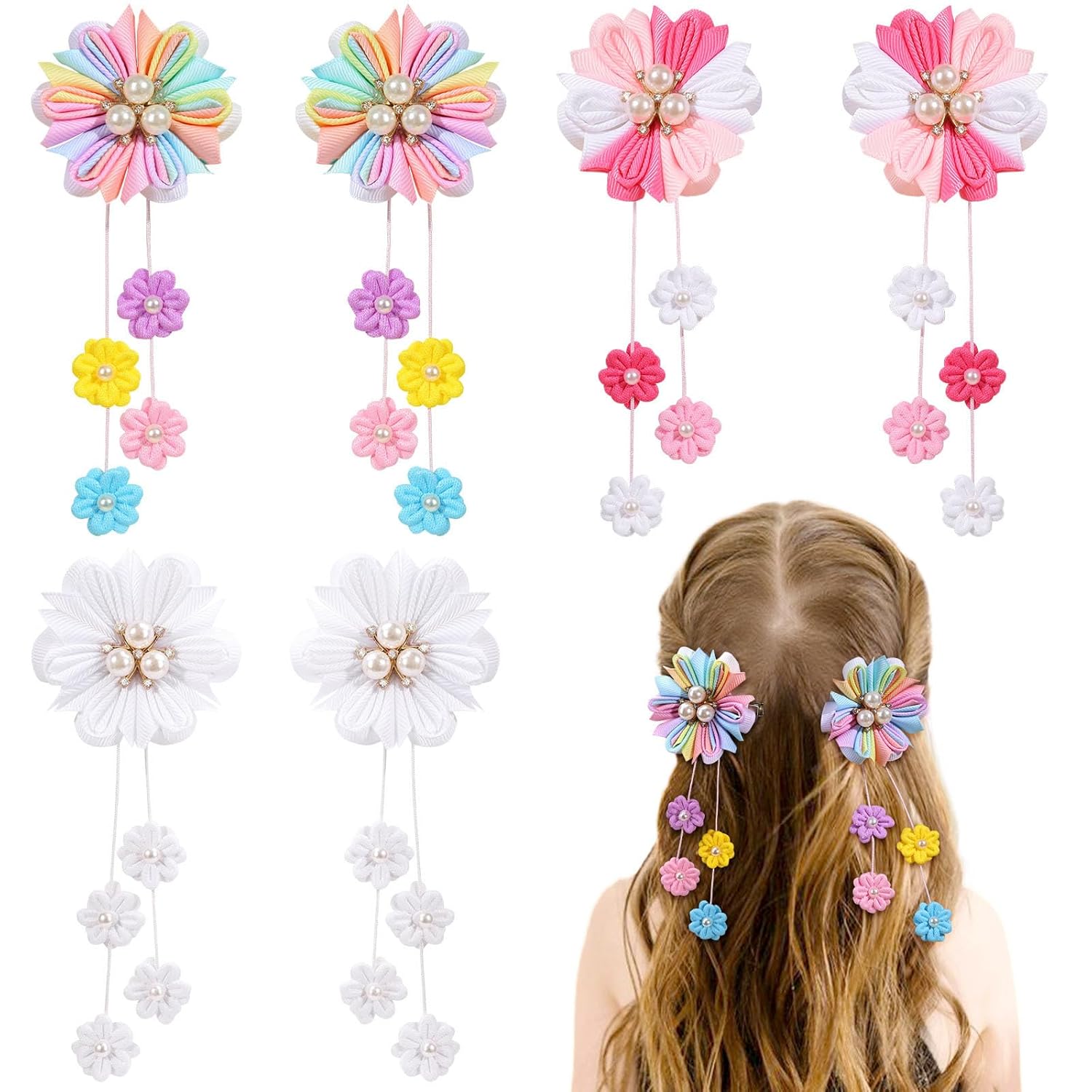 OAOLEER 6PCS Hair Bows for Girls, Flower Hair Accessories for Girls Grosgrain Ribbon Bows With Alligator Clips Girl Hair Accessories for Kids Teen Back to School (Flower Bows-A)