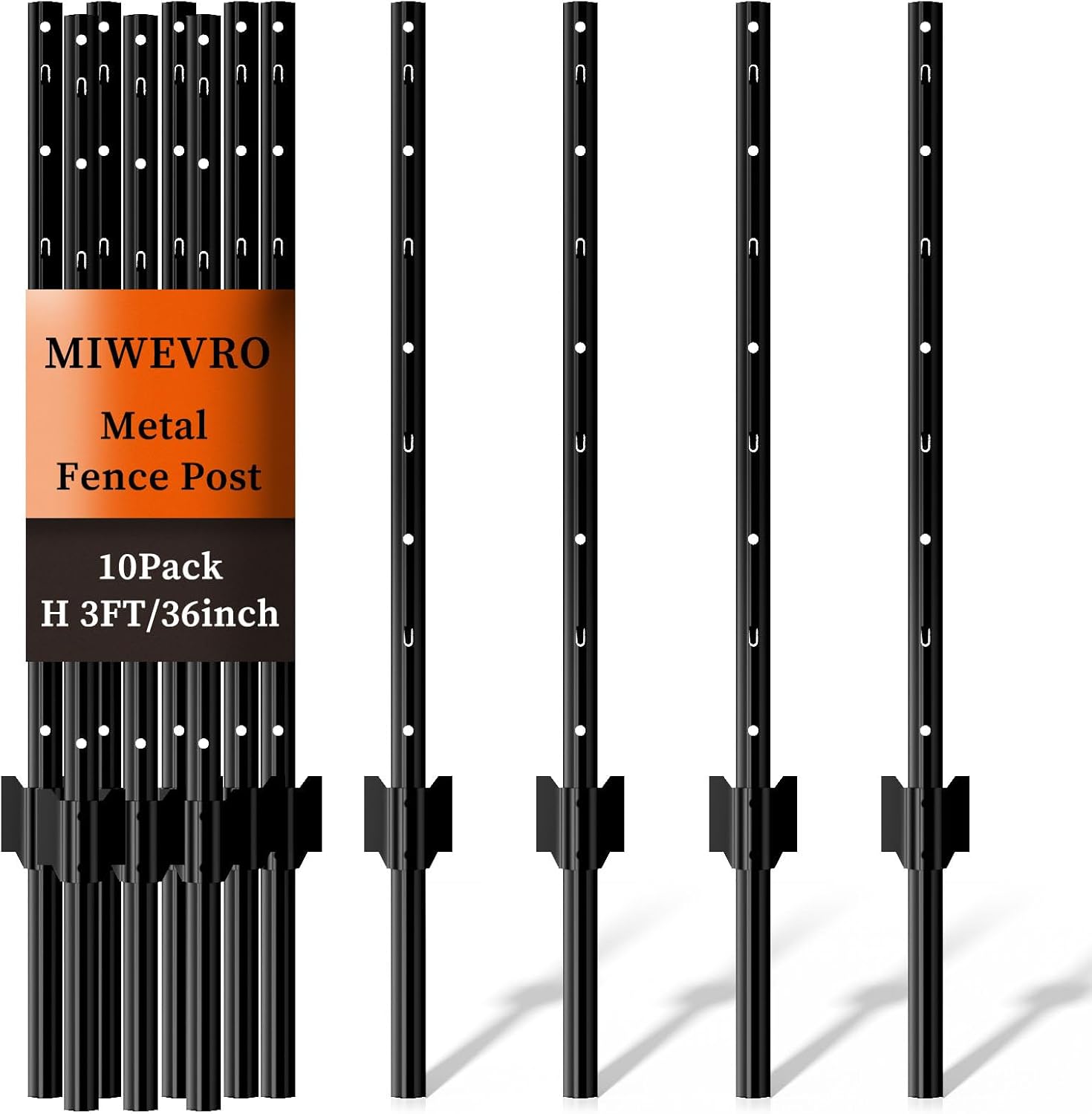 10 Pack Garden Fence Post, 3 Feet Heavy Duty Metal U-Post for Wire Fence, No Dig Garden Fence Stakes for Temporary Fencing, Electric Fence Wire, Corner Anchor, and More-Black
