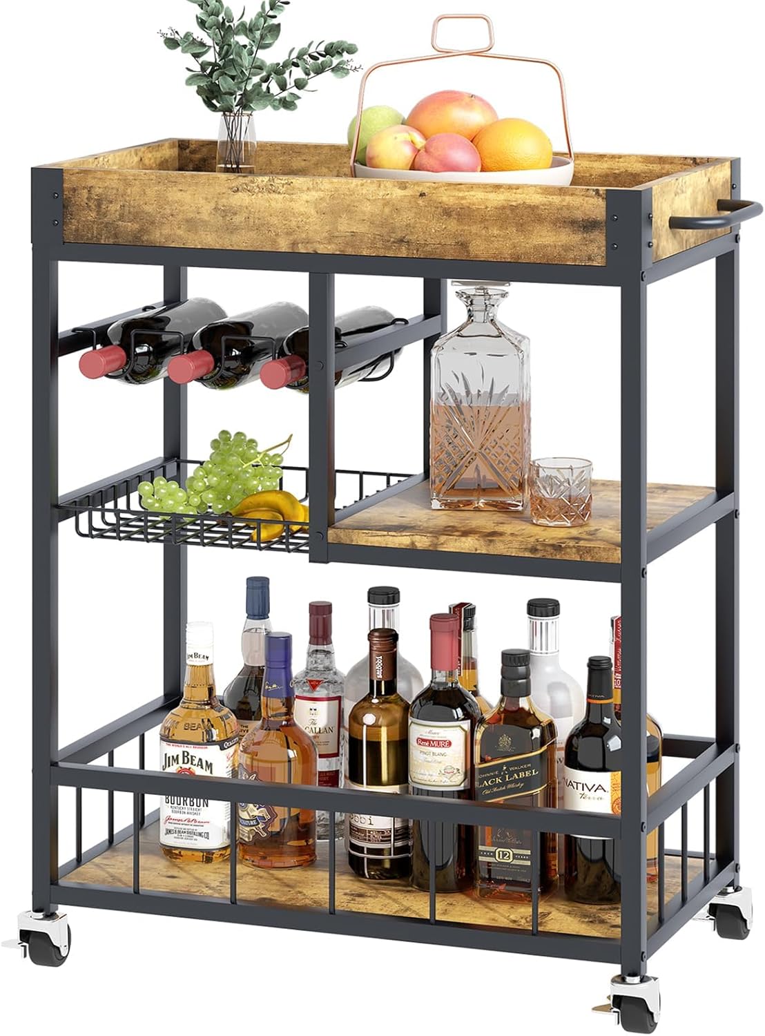Bar Cart, 3 Tier Serving Trolley, Rolling Wine Trolley, Serving Cart with Iron Basket and Handle, Kitchen Storage Carts With Wheels, Tea Drink Trolley for Dining Living Room Bedroom Outdoor, Brown