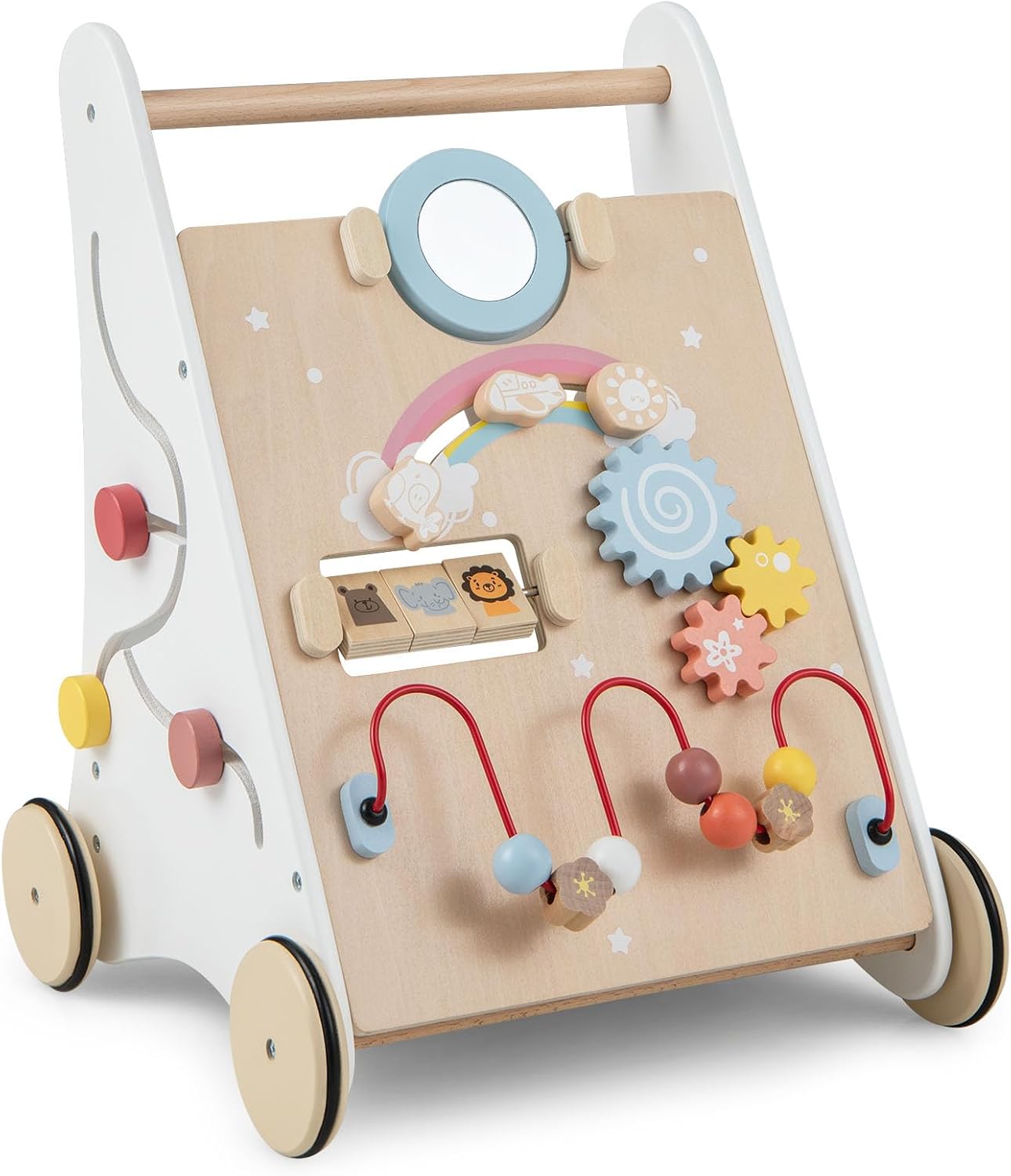 GYMAX Wooden Baby Walker, All-in-One Toddler First Step Activity Interactive Push Along Toy with Handle & Smooth Rubber Wheels, Sit-to-Stand Learning Walker for Girls & Boys (White+Natural)