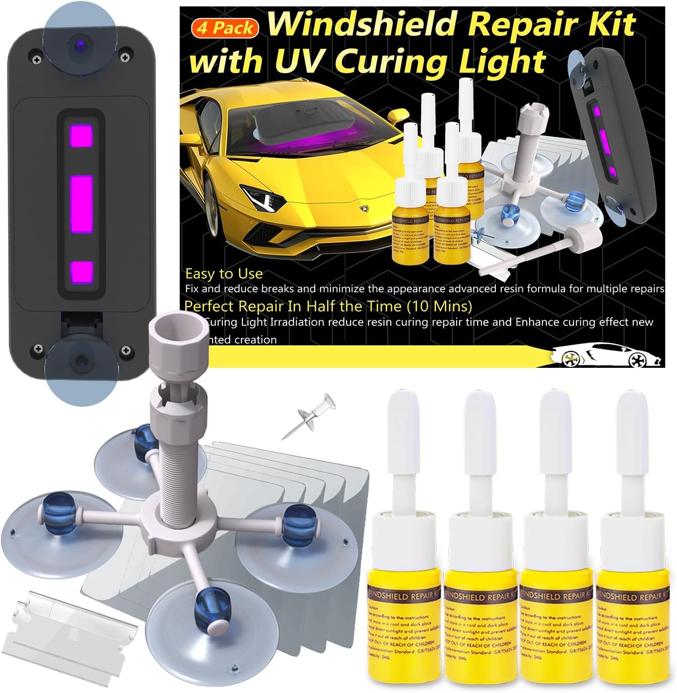 Windshield Repair Kit, Windshield Crack Repair Kit 4 Pack, Windscreen Repair Kit with Enhanced Injection Head Suction Cup UV Curing Light, Windshield Chip Repair Kit for Chips, Scratches, Cracks ﻿