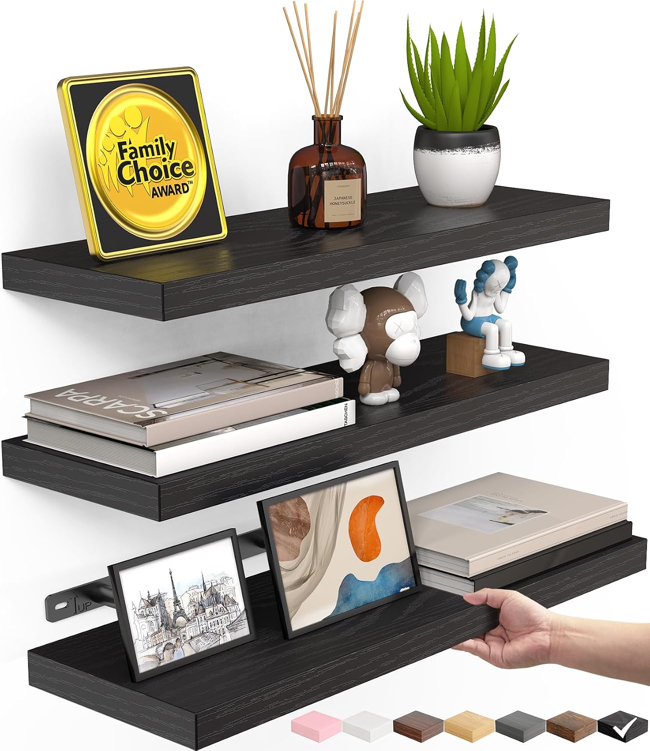 BAYKA Floating Shelves for Wall, Wall Mounted Rustic Wood Shelves for Bathroom, Bedroom, Living Room, Kitchen, Hanging Shelf for Books/Storage/Room Decor with 22lbs Capacity (Black, Set of 3, 15.7in) | Easy Install, 22lbs Max Load, Hidden Bracket, Wall Shelves for Lego Plant Nursery Dorm Laundry Display, Multi-Wall Compatible