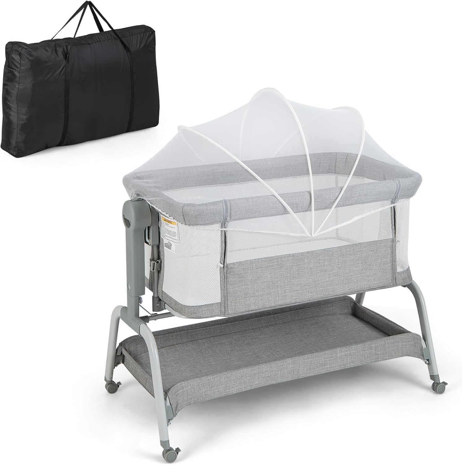 COSTWAY 4-in-1 Baby Bedside Crib, Heights Adjustable Rocking Bassinet with Mattress, Detachable Net, Storage Basket, Lockable Wheels and Travel Bag, Newborn Cradle Bed for Birth to 9kg