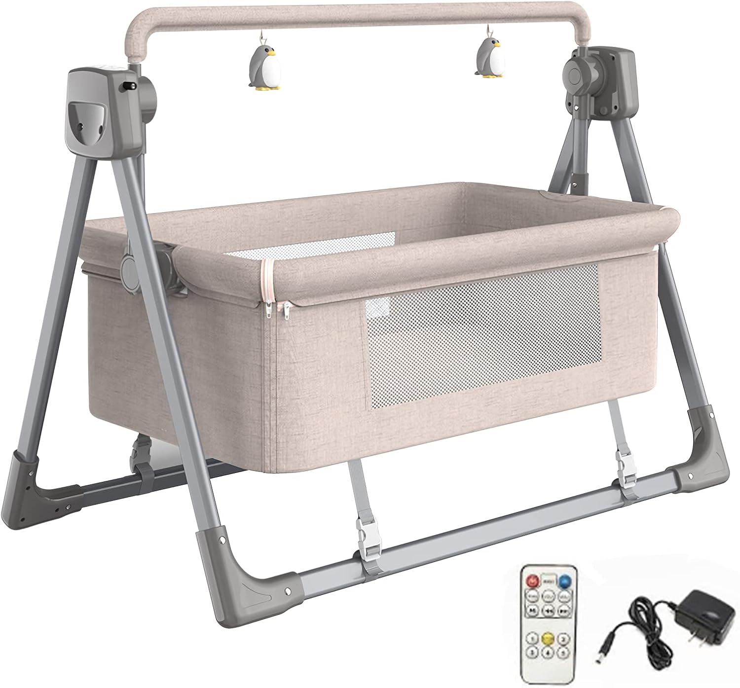 Bueuwe Portable Electric Baby Cradle Baby Swing Crib, 5-gear Microwave Adjustable Rocking Cribs,Foldable Bedside Bassinet with Music and Timing for Infant Newborn,khaki