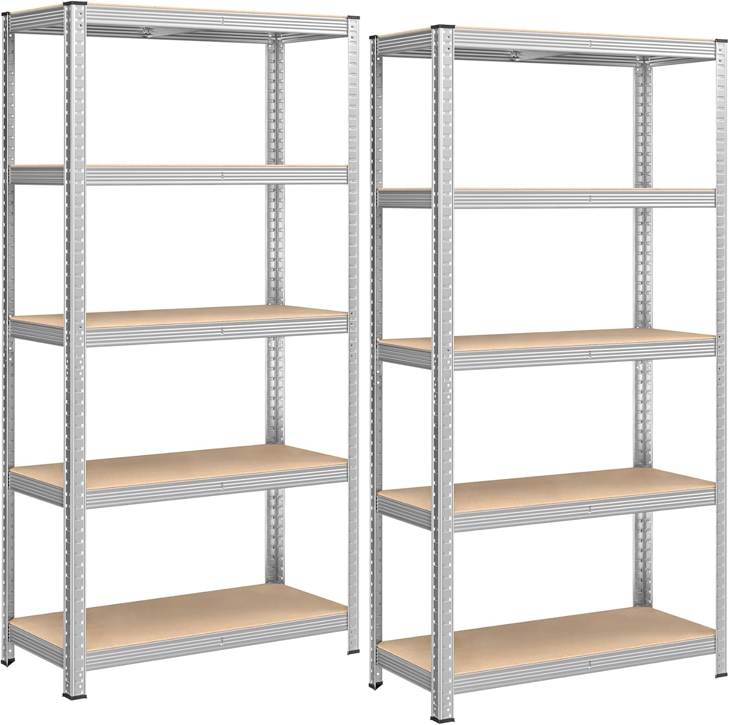 SONGMICS 5-Tier Heavy-Duty Shelving Units, Set of 2 Steel Shelving Units for Storage, Boltless Assembly, for Garage, Shed, Load Capacity 875 kg, 40 x 90 x 180 cm, Silver GLR040E02
