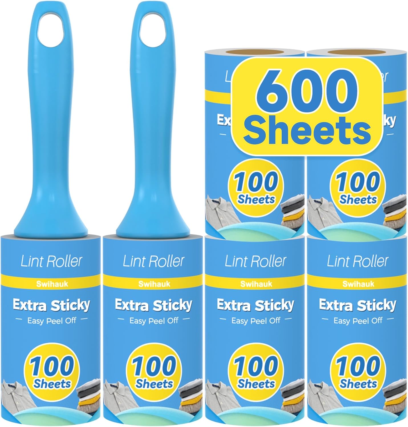 Swihauk 600 Sheets Extra Sticky Lint Rollers for Pet Hair, Easy Spiral Tear Lint Roller for Clothes with Ergonomic Handle, Multipurpose Lint Remover for Furniture, Carpet, Car Seat