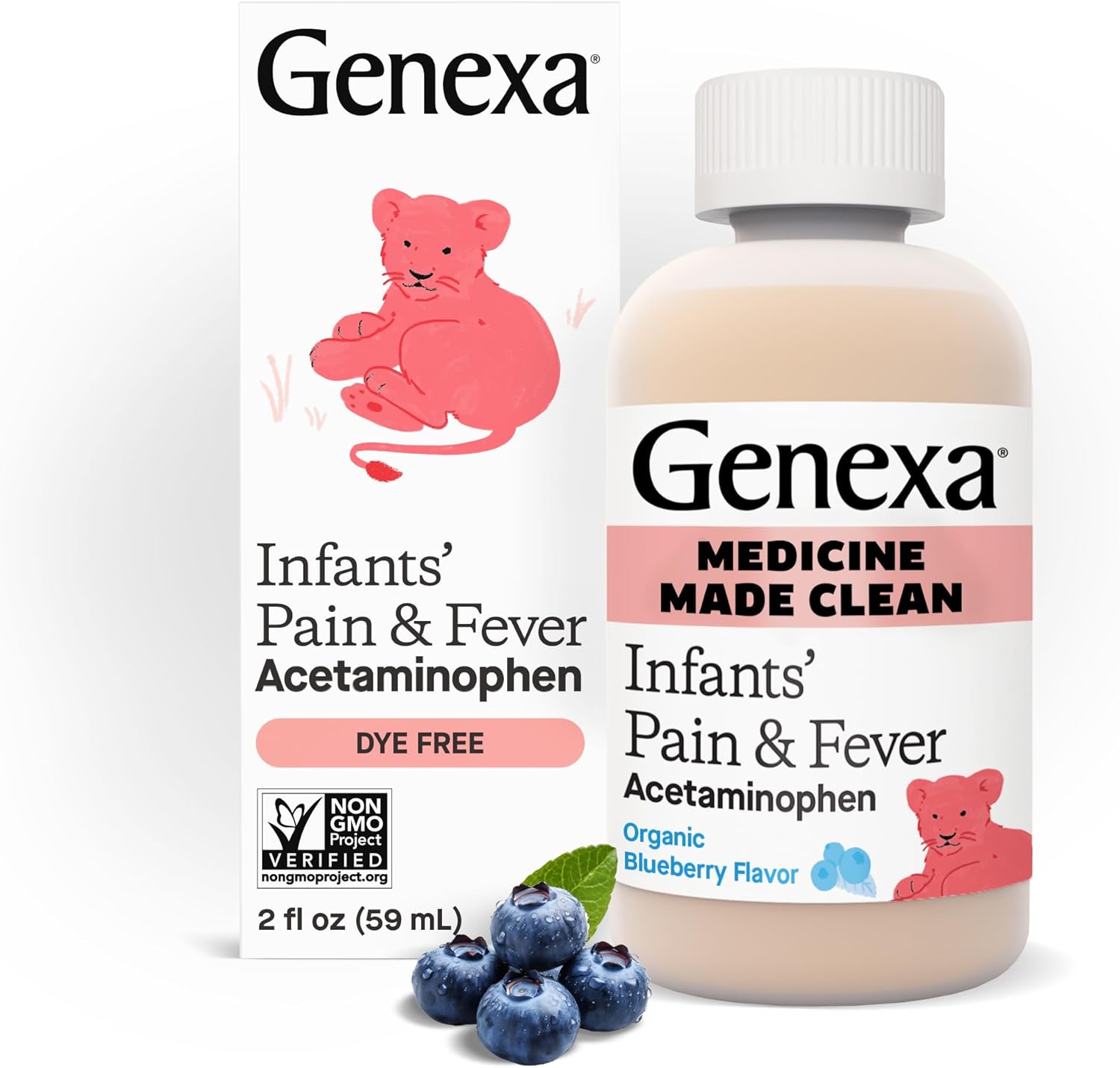 Genexa Infants’ Clean Pain & Fever Acetaminophen, Dye Free, 0% Artificial Additives, Delicious Organic Blueberry Flavor, Liquid Oral Suspension Medicine for Baby, 160 mg per 5mL, 2 fl oz